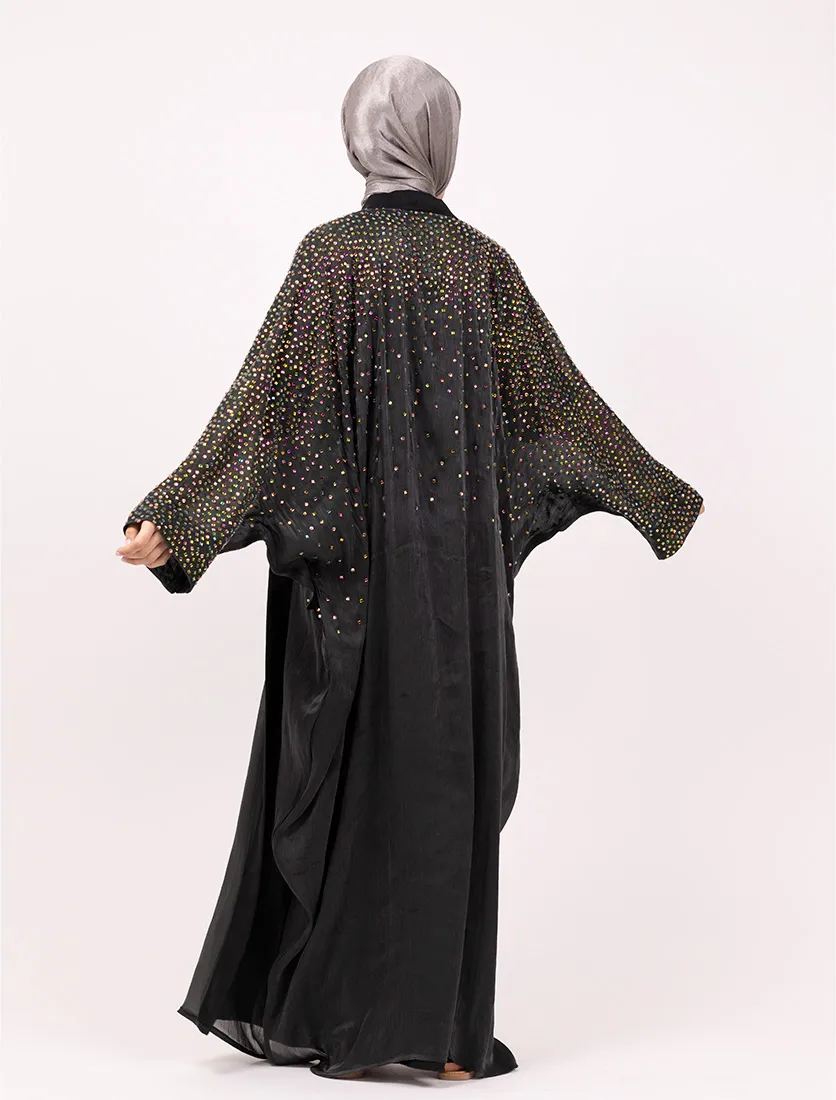 Black Multi Crystal Embellished Sheer Overlay Abaya